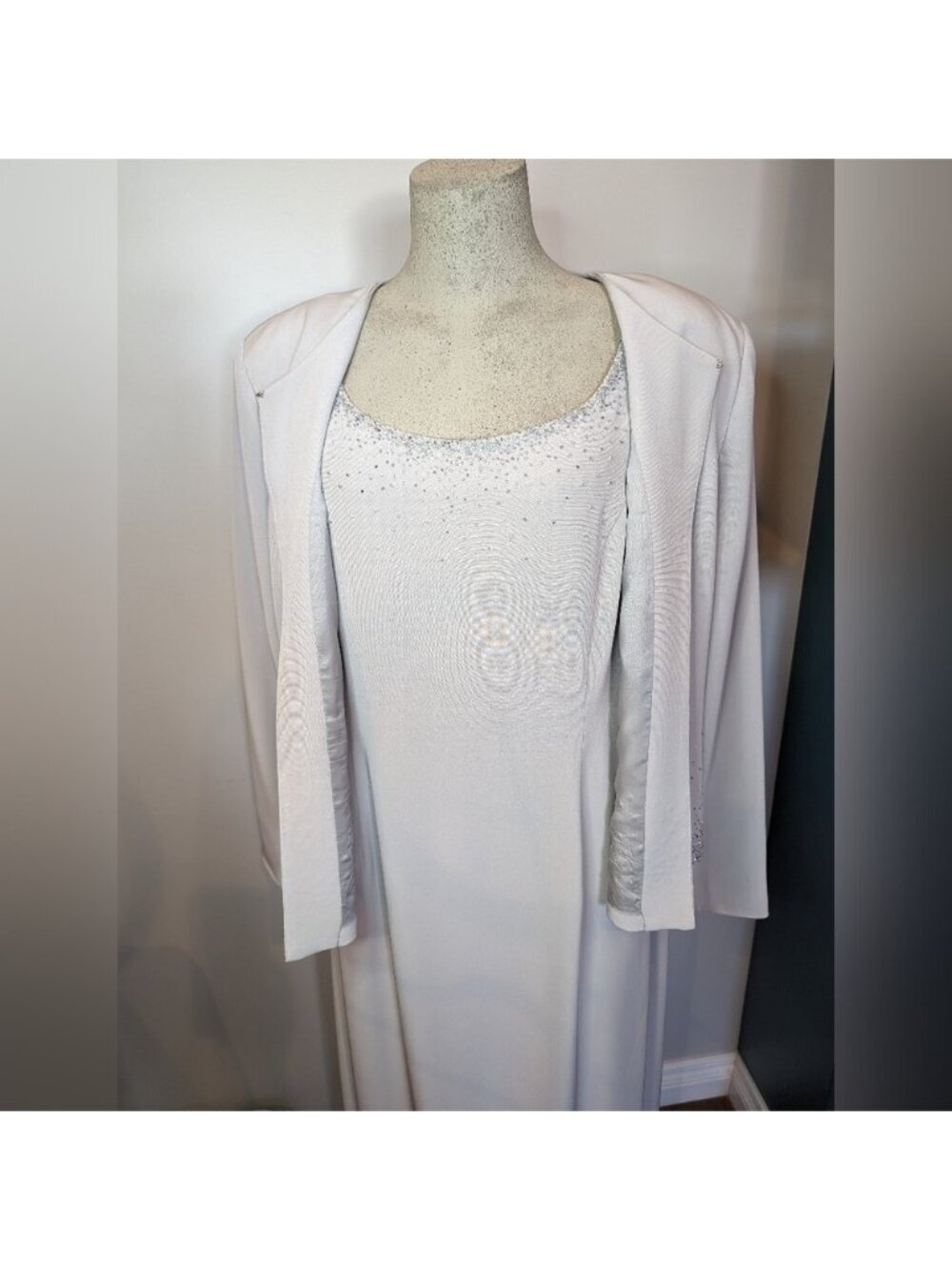 Mother Of The Bride, Silver beaded  Dress & Jacket Set Maxi Length Size 18